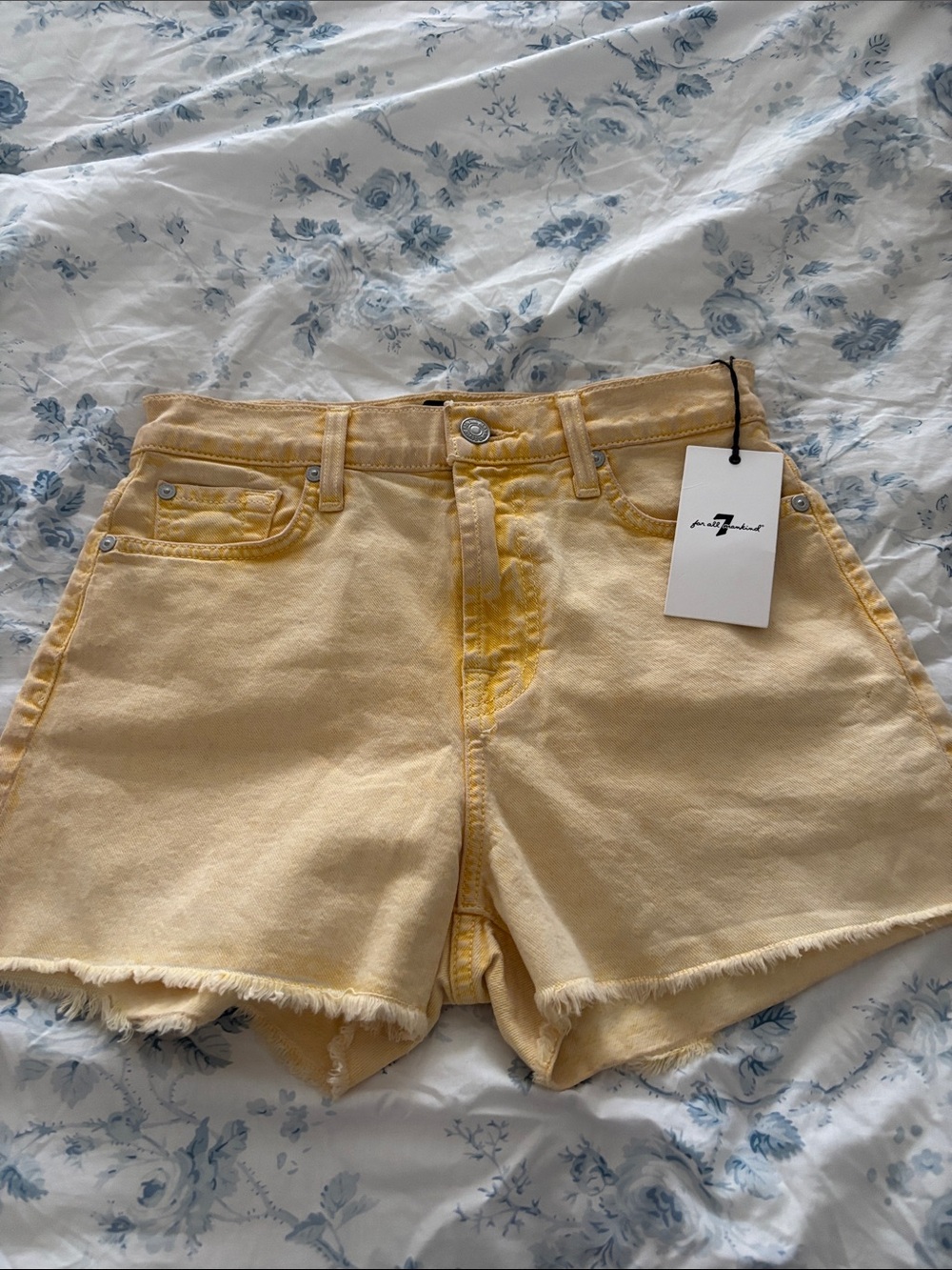 7 For All Mankind Pale Yellow Denim Cutoff Shorts